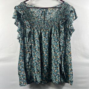 Kori Teal Floral Ruffle Babydoll Blouse 0721
